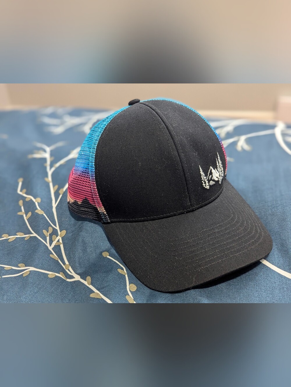 Black Trucker Cap with Gradient Mesh and Mountain Embroidery